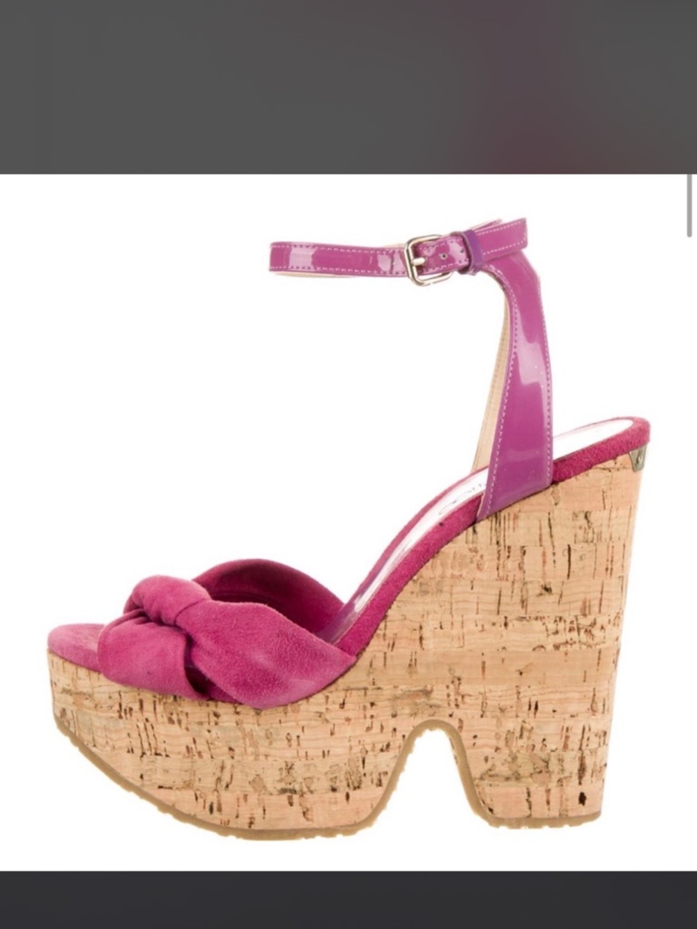 Jimmy Choo Fuchsia Suede Knot Cork Wedge Sandals with Patent Ankle Strap